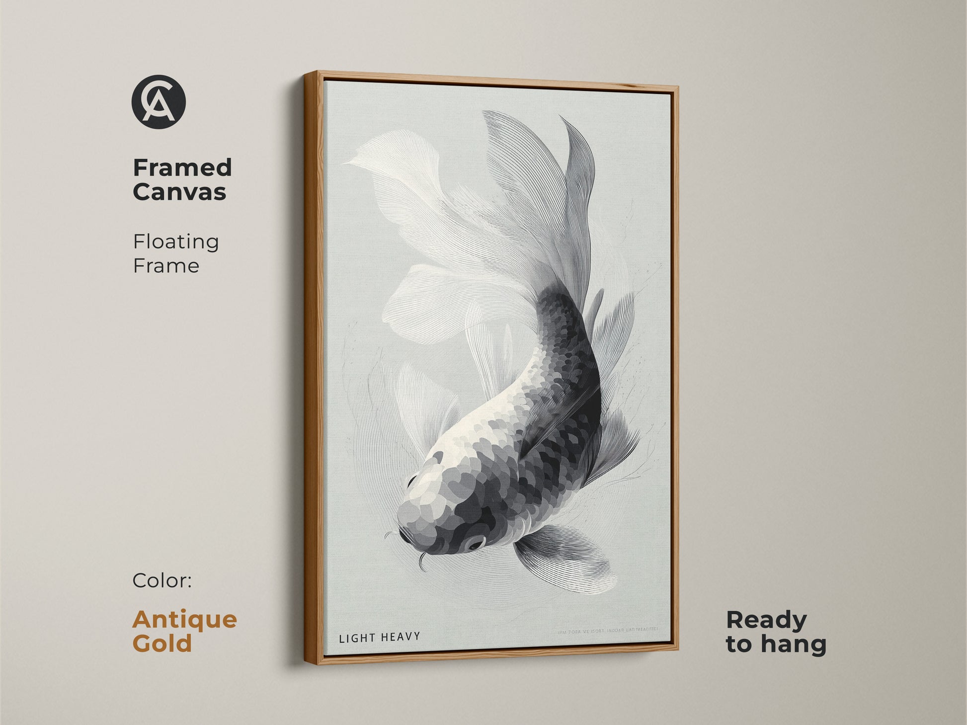 Framed canvas art presents a black and white koi fish drawing. The floating frame is antique gold. This ready to hang artwork adds a touch of glamour. The metallic accents enhance the visual appeal. Its a beautiful piece for adding a sophisticated touch to your home.