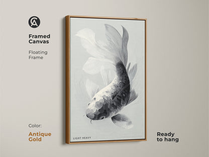 Framed canvas art presents a black and white koi fish drawing. The floating frame is antique gold. This ready to hang artwork adds a touch of glamour. The metallic accents enhance the visual appeal. Its a beautiful piece for adding a sophisticated touch to your home.