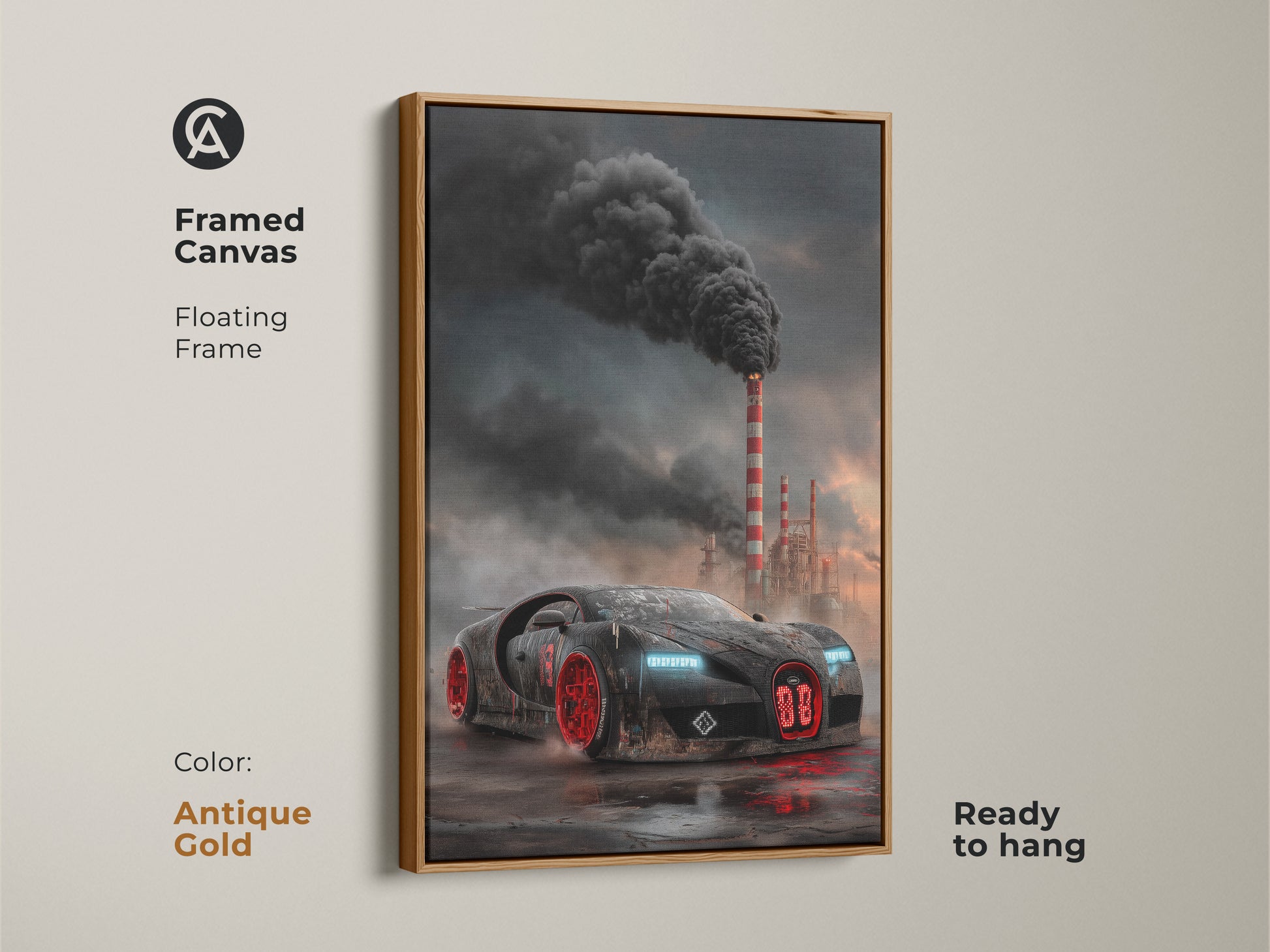 This framed canvas presents cyberpunk supercar artwork. The dark industrial car print displays a black and red vehicle with smokestacks. It has a floating antique gold frame. The cool car art is ready to hang. It's automotive office art or garage man cave decor. The futuristic supercar adds an edgy style.