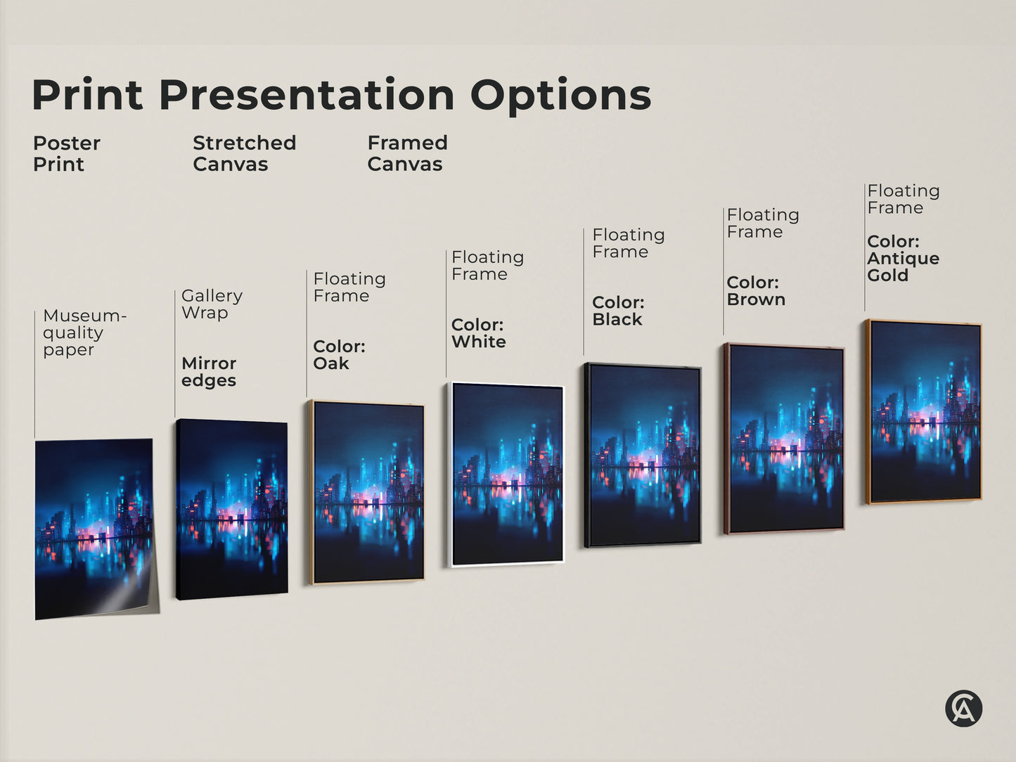 Print presentation options including poster stretched and framed canvas. This neon cityscape art is available in various styles. Choose the perfect medium to match your aesthetic. Enhance your space with this artwork.