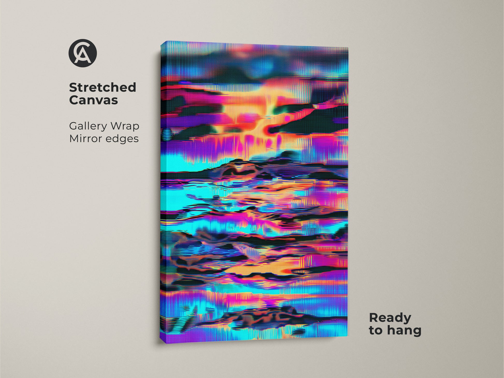 Stretched canvas featuring a vibrant abstract glitch art print. The artwork showcases a skyline landscape in cyan orange and purple tones. This modern digital artwork has gallery wrapped mirror edges. It is ready to hang adding a colorful and unique touch to any room.