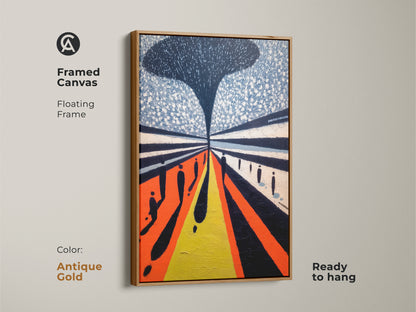 A framed canvas showcasing floating frame artwork in Antique Gold. This geometric people art features an orange blue yellow canvas. A modern abstract artwork for a contemporary decor.