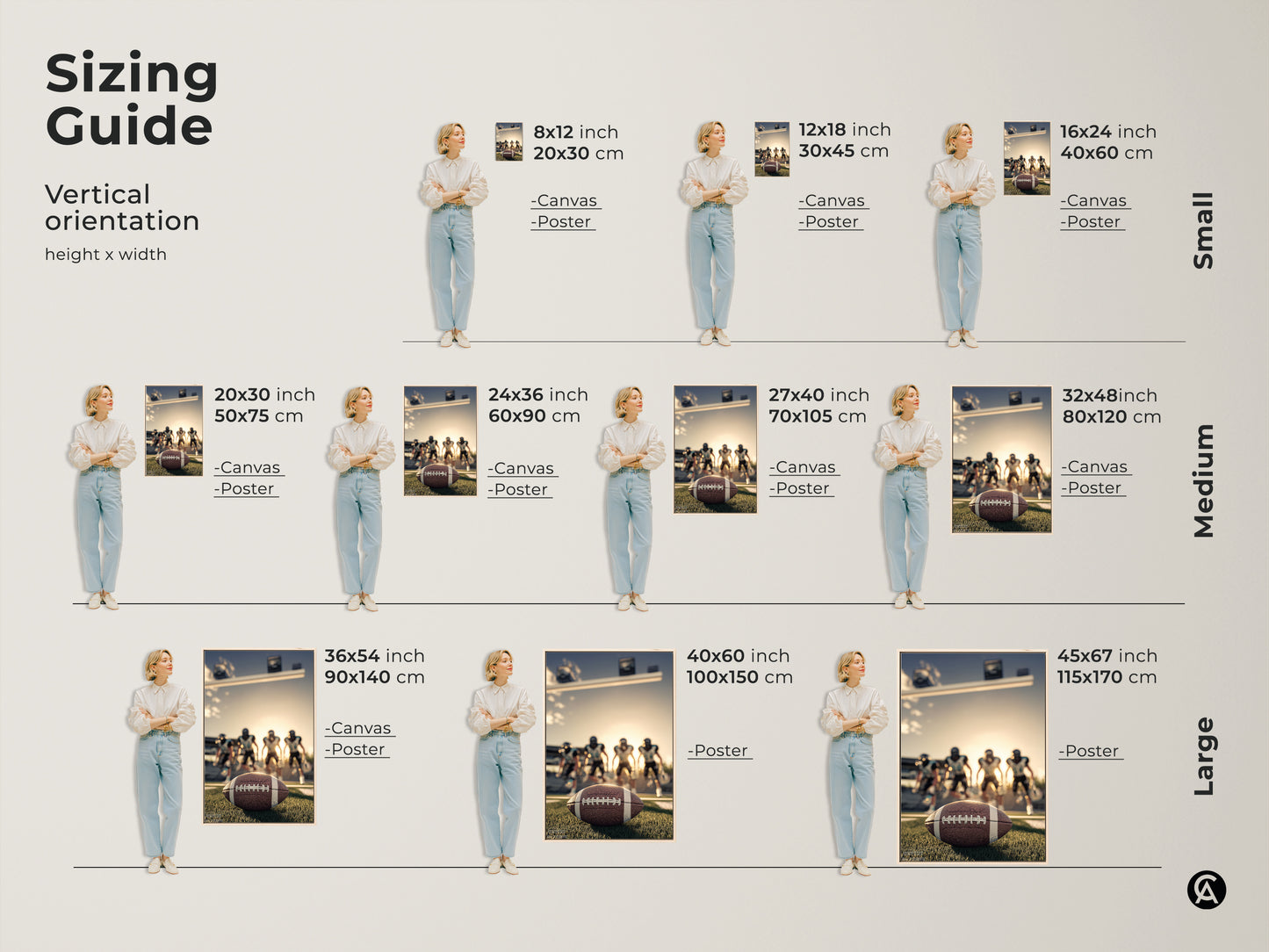 Sizing guide for American Football canvas and poster art. Vertical orientation options range from small to large. Find the perfect fit for your space. Sizes include 8x12 inch to 45x67 inch. Enhance your man cave with the ideal sports enthusiast wall decor.