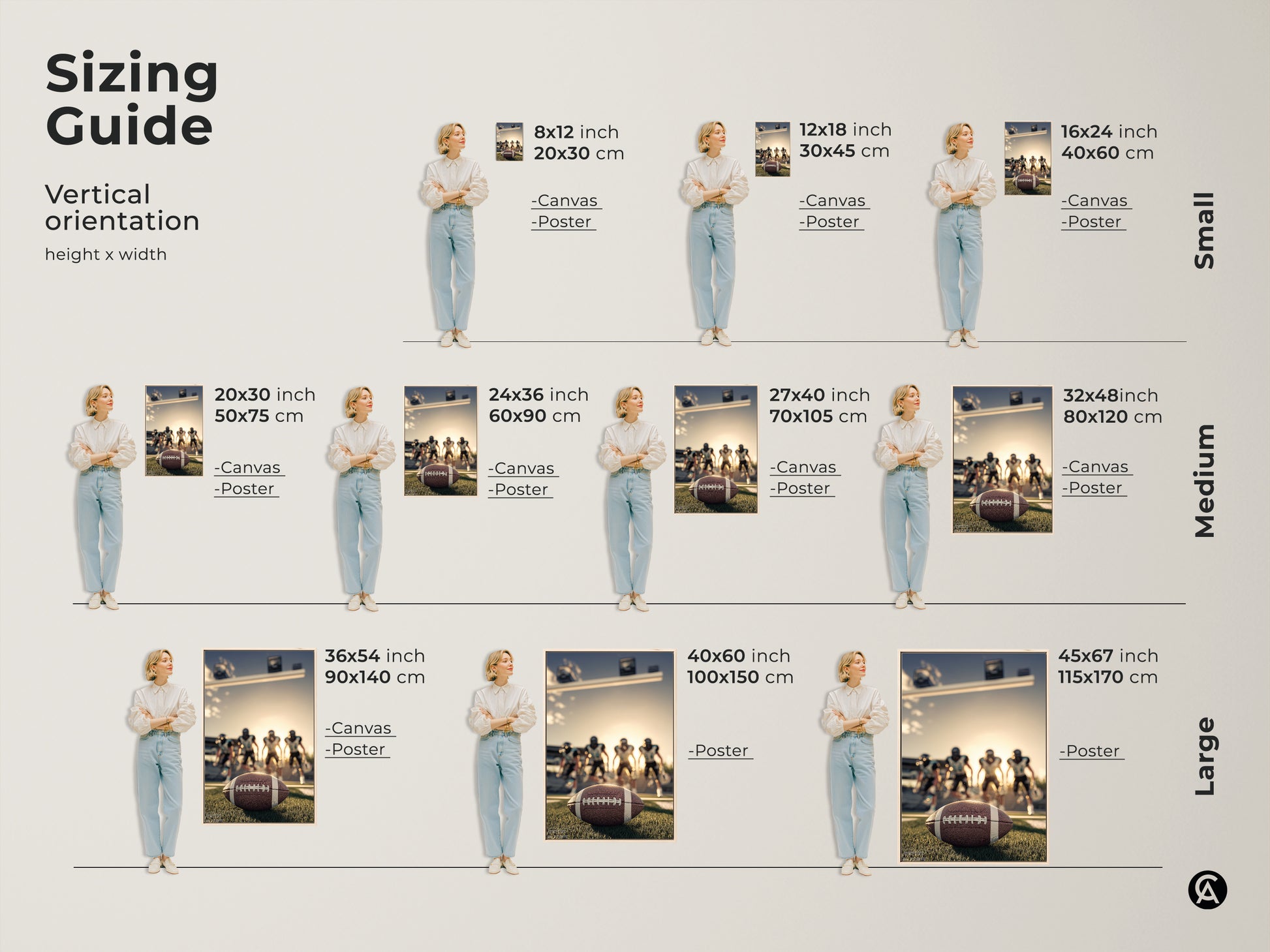 Sizing guide for American Football canvas and poster art. Vertical orientation options range from small to large. Find the perfect fit for your space. Sizes include 8x12 inch to 45x67 inch. Enhance your man cave with the ideal sports enthusiast wall decor.