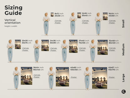 Sizing guide for American Football canvas and poster art. Vertical orientation options range from small to large. Find the perfect fit for your space. Sizes include 8x12 inch to 45x67 inch. Enhance your man cave with the ideal sports enthusiast wall decor.