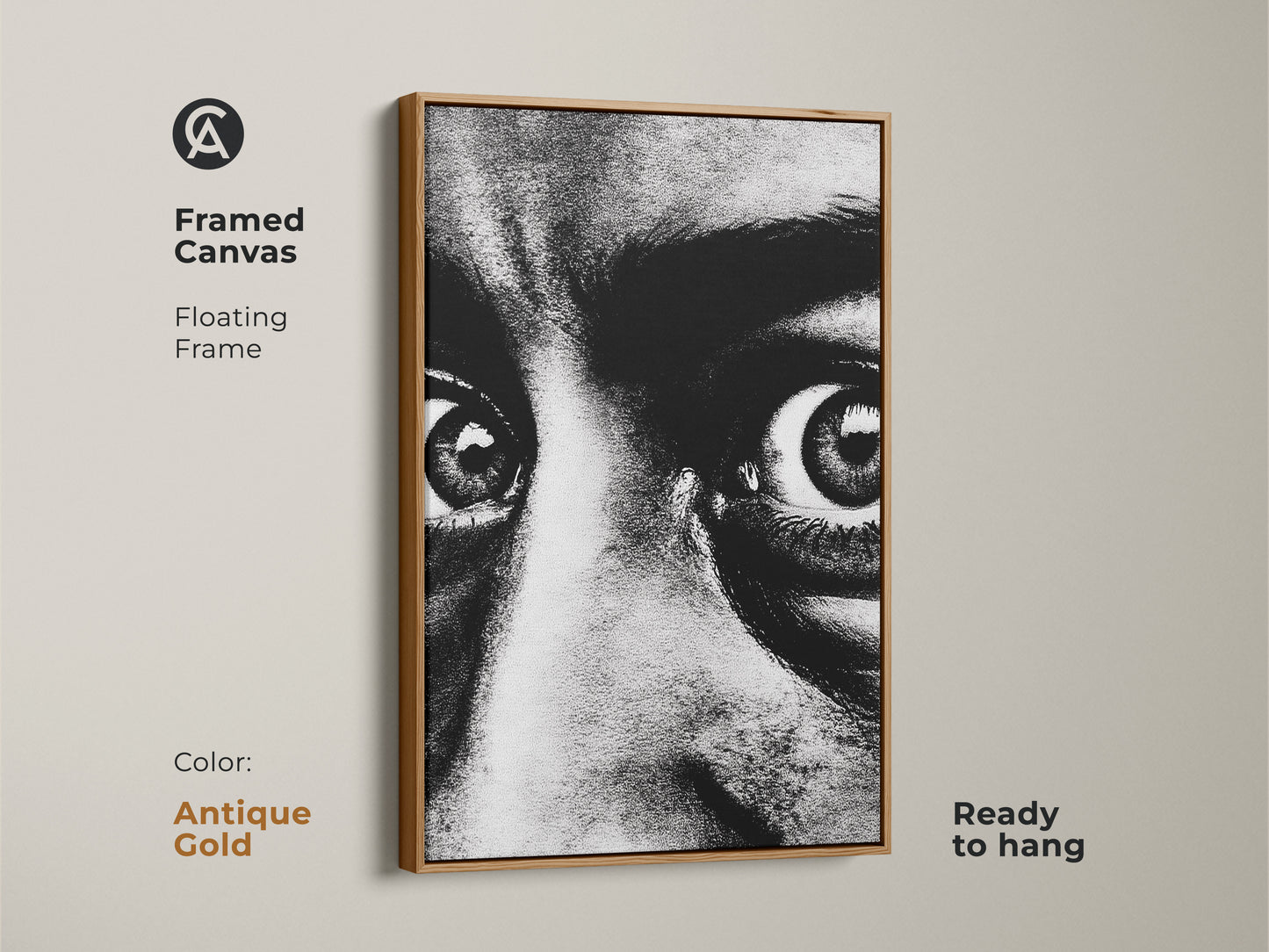 Framed canvas of a monochrome face portrait with an antique gold floating frame. Ready to hang this intense gaze canvas art adds a contemporary touch. The expressive eyes artwork is perfect for modern monochrome decor. Enhance your entryway with this bold black and white print.