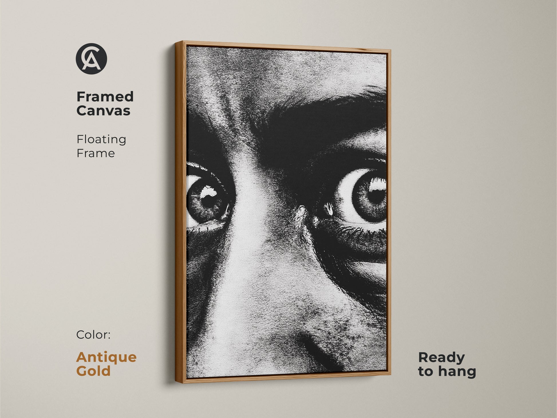 Framed canvas of a monochrome face portrait with an antique gold floating frame. Ready to hang this intense gaze canvas art adds a contemporary touch. The expressive eyes artwork is perfect for modern monochrome decor. Enhance your entryway with this bold black and white print.