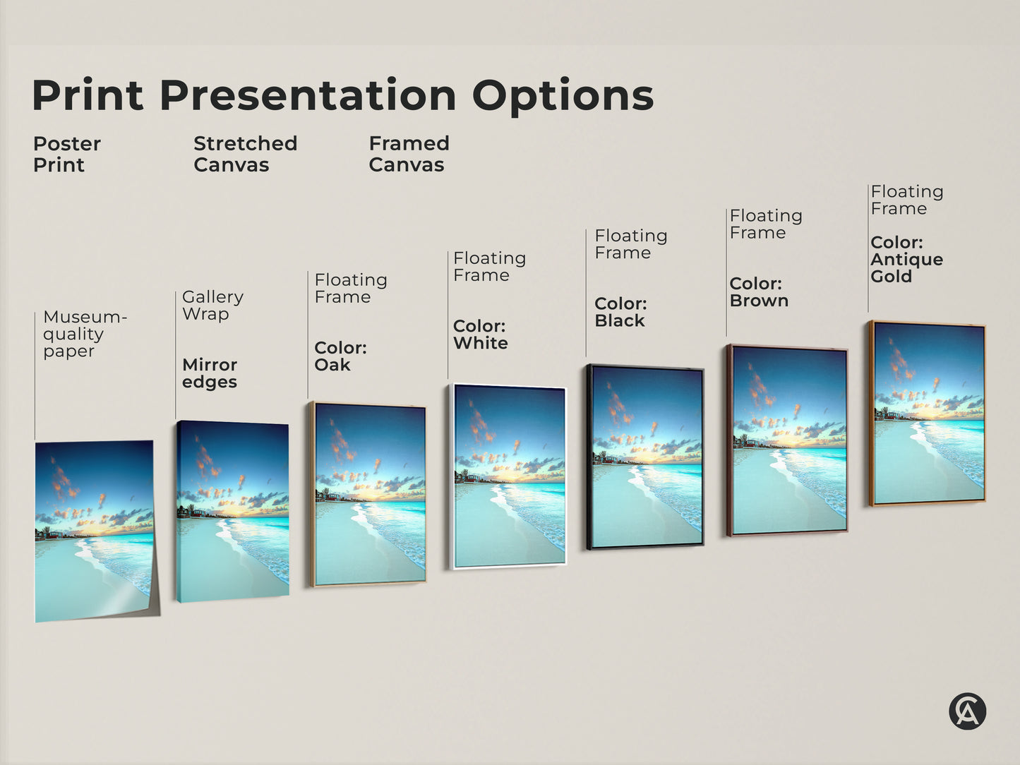 Print presentation options include poster print and stretched canvas. Framed canvas options show different floating frame colors. Museum-quality paper with gallery wrap and mirror edges.