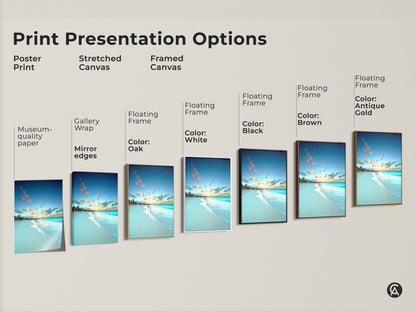 Print presentation options include poster print and stretched canvas. Framed canvas options show different floating frame colors. Museum-quality paper with gallery wrap and mirror edges.