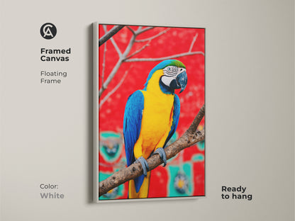 A framed canvas print with a floating white frame. A colorful macaw artwork adds charm to any room. Ready to hang and enjoy this exotic parrot in your home or office today.