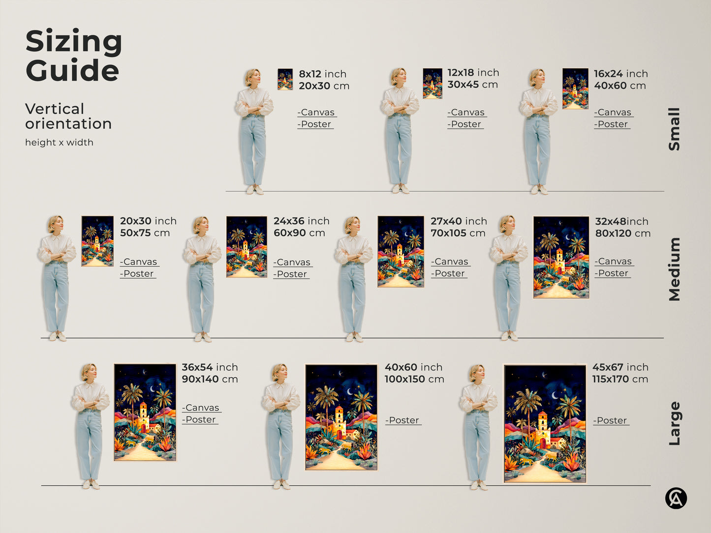 Sizing guide showing various vertical orientation sizes for the canvas and poster prints. It features a folklore night sky art print with cheetahs and palm trees. Ranging from small medium to large this colorful landscape can be customized to fit any space. Enhance your home decor with vibrant boho artwork.