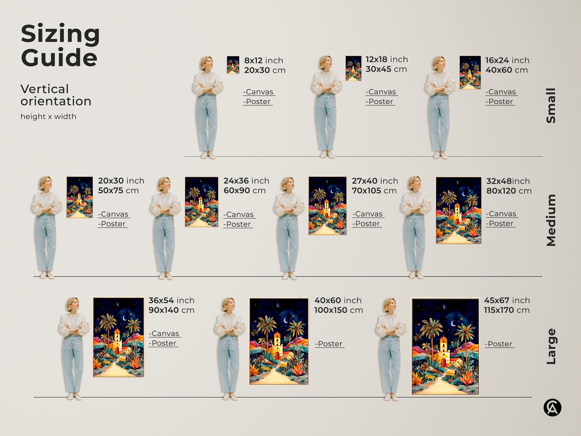 Sizing guide showing various vertical orientation sizes for the canvas and poster prints. It features a folklore night sky art print with cheetahs and palm trees. Ranging from small medium to large this colorful landscape can be customized to fit any space. Enhance your home decor with vibrant boho artwork.