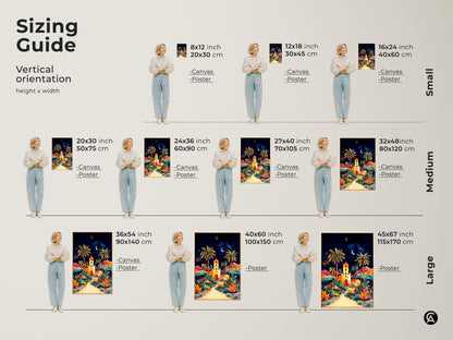 Sizing guide showing various vertical orientation sizes for the canvas and poster prints. It features a folklore night sky art print with cheetahs and palm trees. Ranging from small medium to large this colorful landscape can be customized to fit any space. Enhance your home decor with vibrant boho artwork.