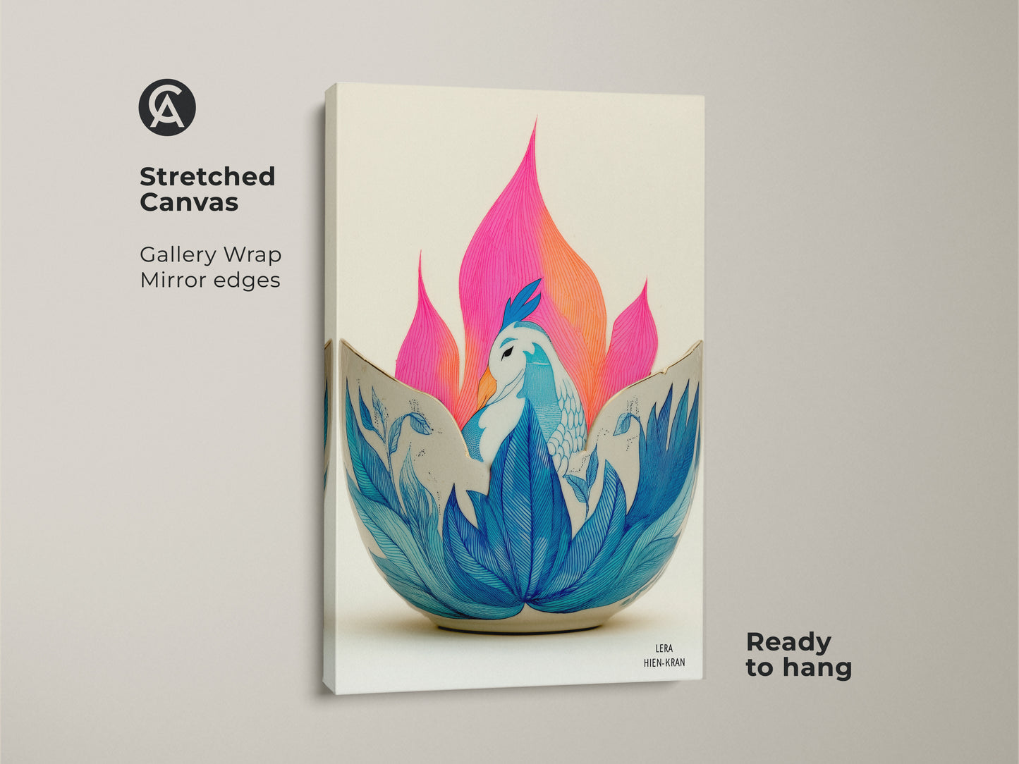 Close-up of a Stretched Canvas Print. This Art Nouveau Phoenix art has gallery wrapped mirror edges. The canvas is ready to hang. Blue teal bird wall art displays abstract folk floral decor. The phoenix lotus design evokes rebirth and beauty.