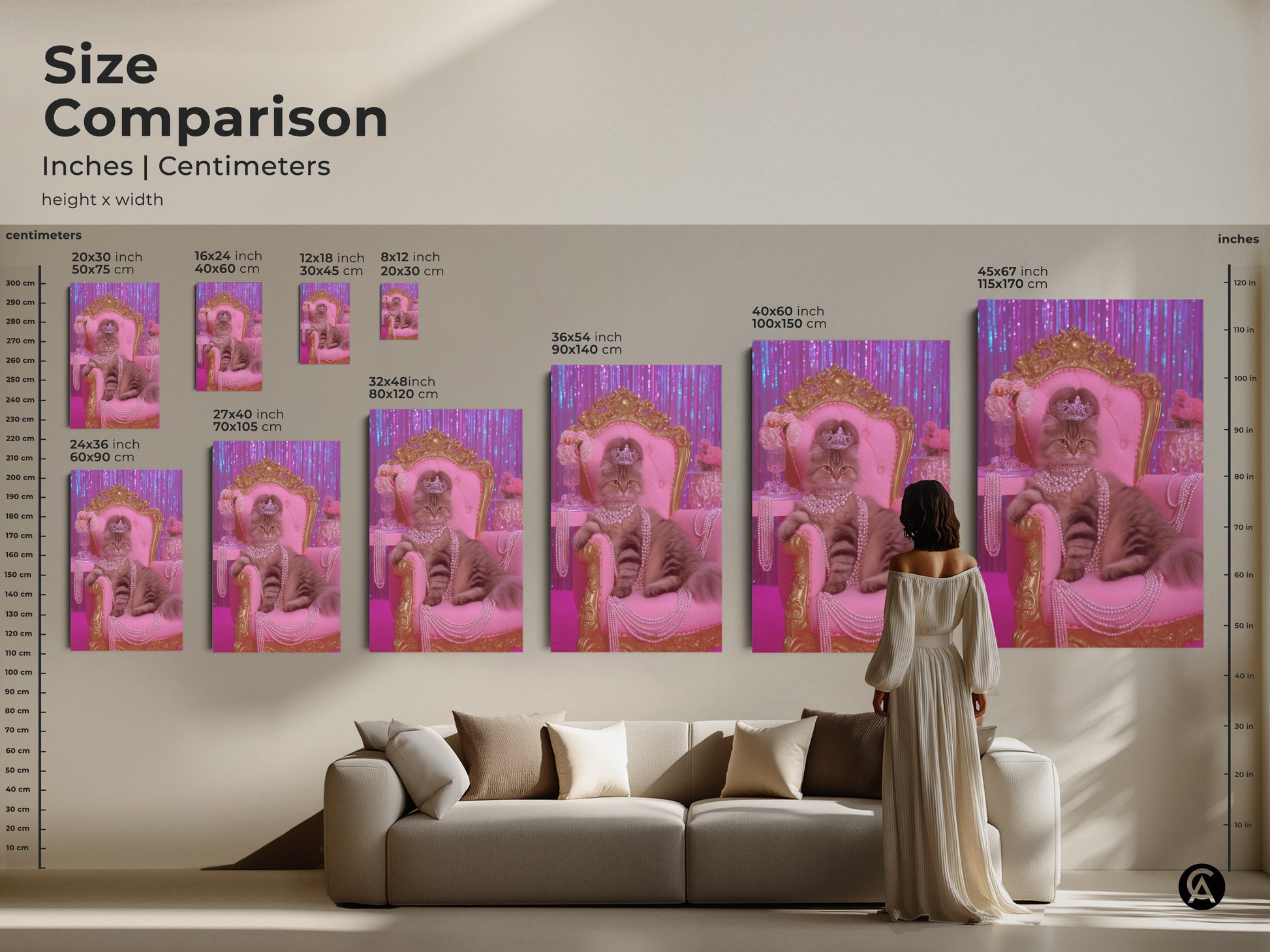 Size comparison of the pink gold crowned cat art. See how the artwork fits above a sofa. Available in various sizes from small to large. Choose the perfect scale for your glam cat wall art. This luxury animal artwork is ideal for eclectic bedroom decor. Shop now for a unique pet portrait.