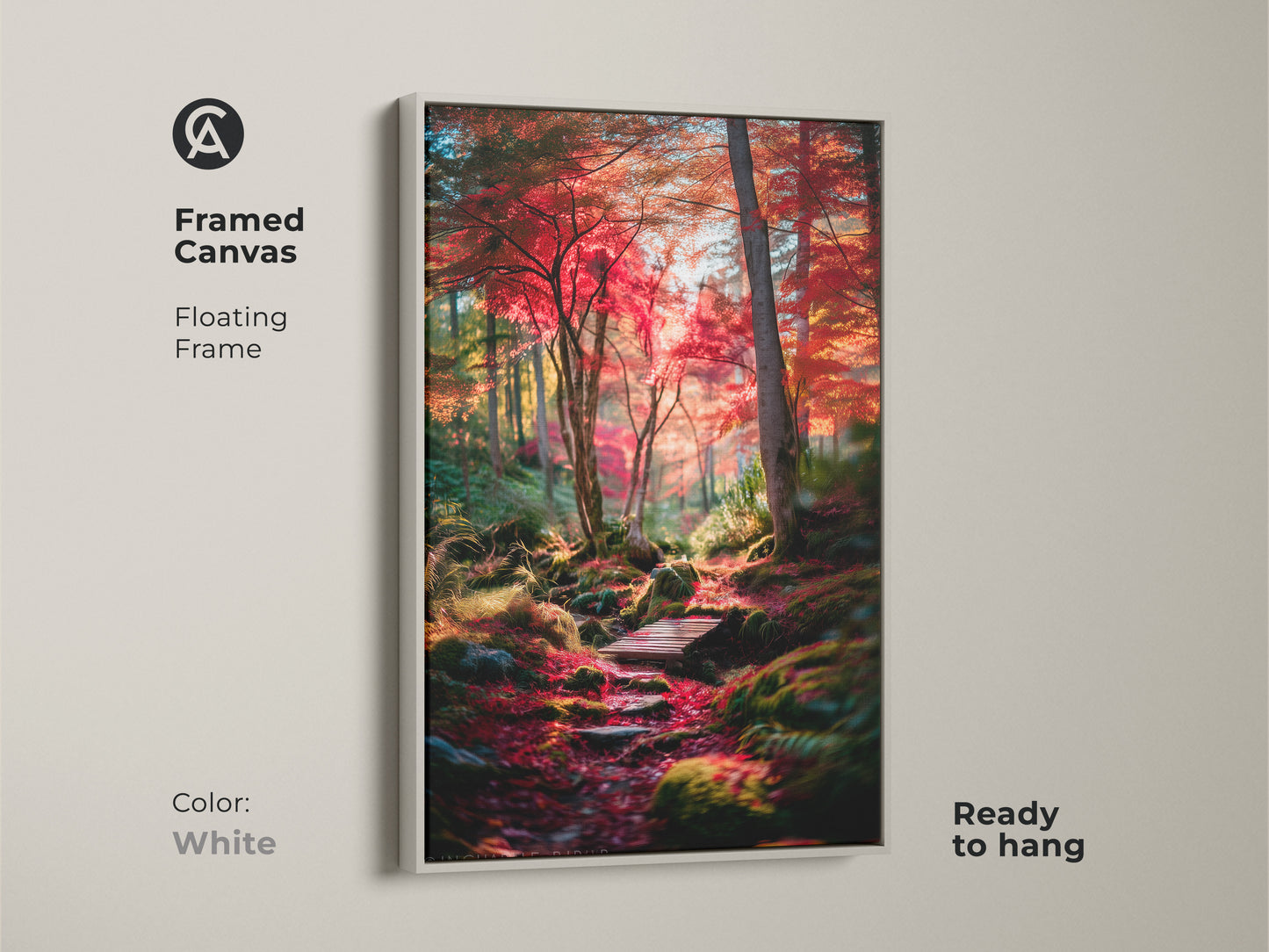 Framed canvas print showcasing an autumn forest scene. The white floating frame provides a clean modern look. This ready-to-hang artwork brings the beauty of nature into your home. A great addition to any room.