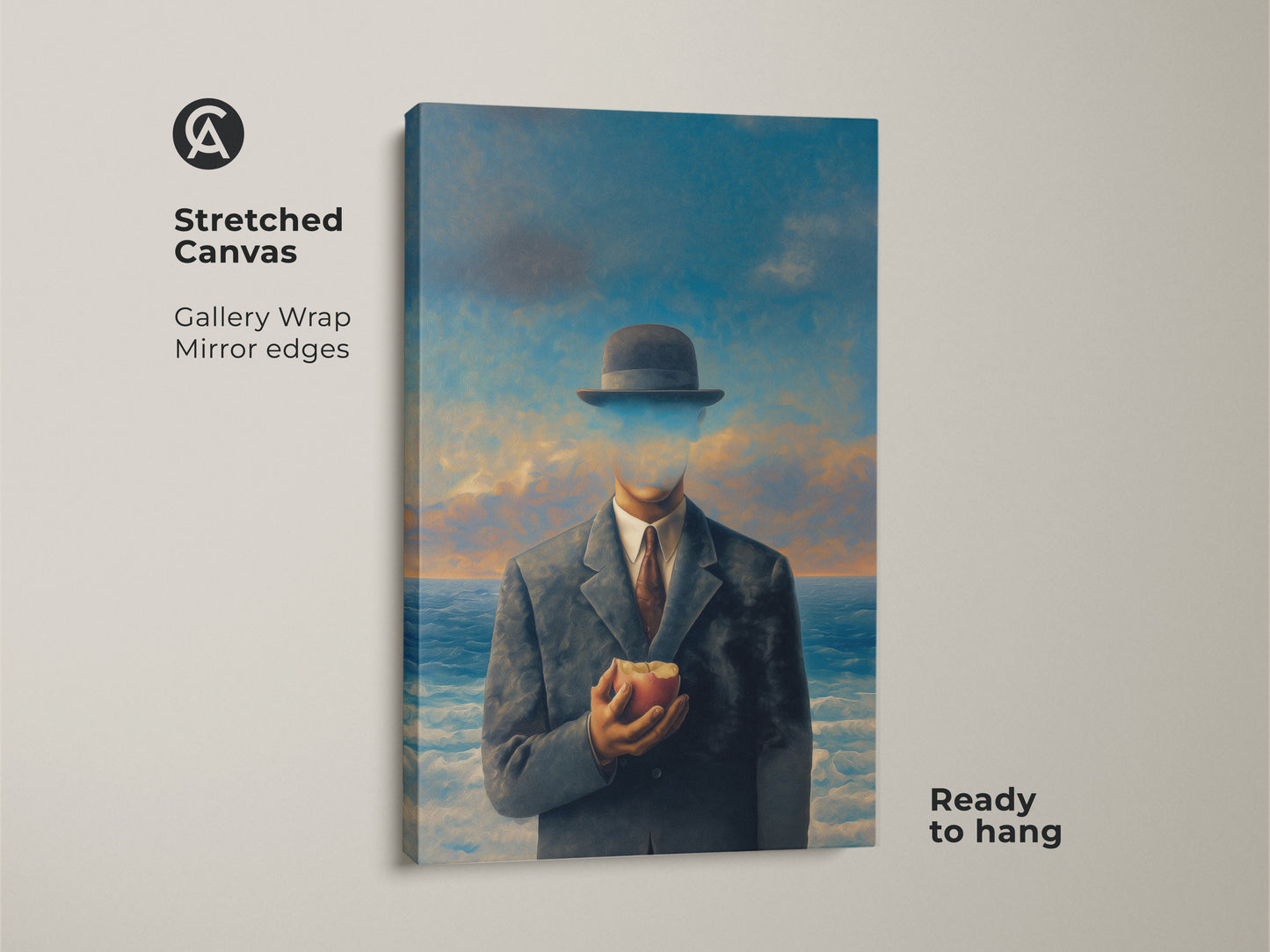 Stretched canvas print of a surrealist man with apple art. Ready to hang gallery wrap featuring a man in suit bowler hat. The conceptual figurative wall art has mirror edges. Philosophical gift for thinkers who appreciate unique wall decor. Cloudy sky ocean art.