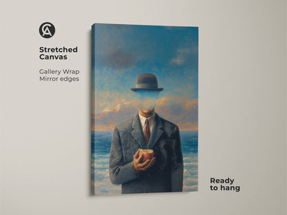 Stretched canvas print of a surrealist man with apple art. Ready to hang gallery wrap featuring a man in suit bowler hat. The conceptual figurative wall art has mirror edges. Philosophical gift for thinkers who appreciate unique wall decor. Cloudy sky ocean art.