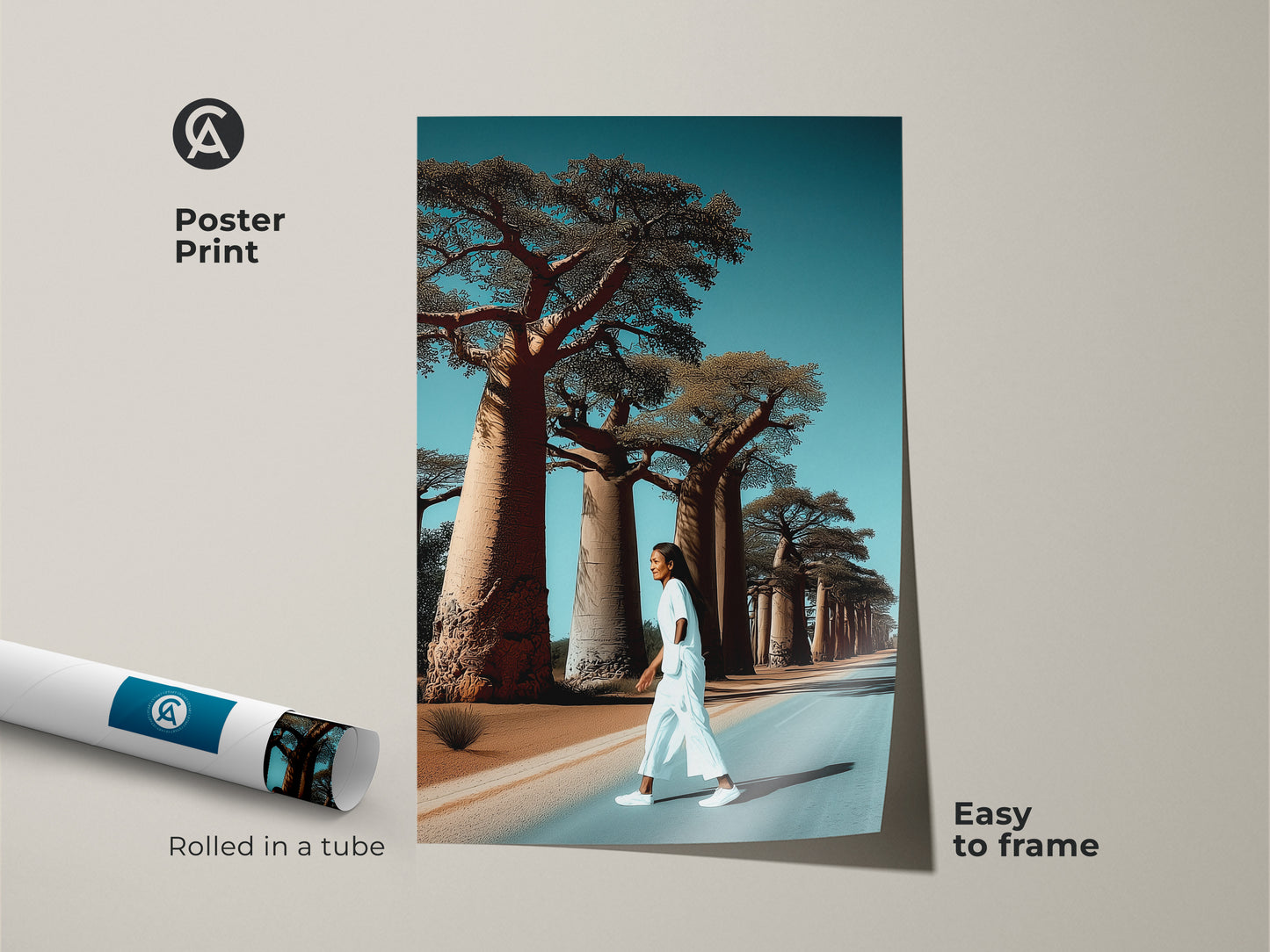 Realistic Baobab tree artwork as a poster print. A woman walks a lonely road. This African landscape art is easy to frame. The print comes rolled in a tube. It is a unique travel gift. It brings boho decor to any room. The blue tones create vacation vibes.