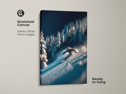 Elevate your space with this gallery-wrapped canvas artwork. The skier's dynamic movement is captured against the serene winter landscape. The mirror edges enhance the depth of the scene. Ready to hang and enjoy immediately.