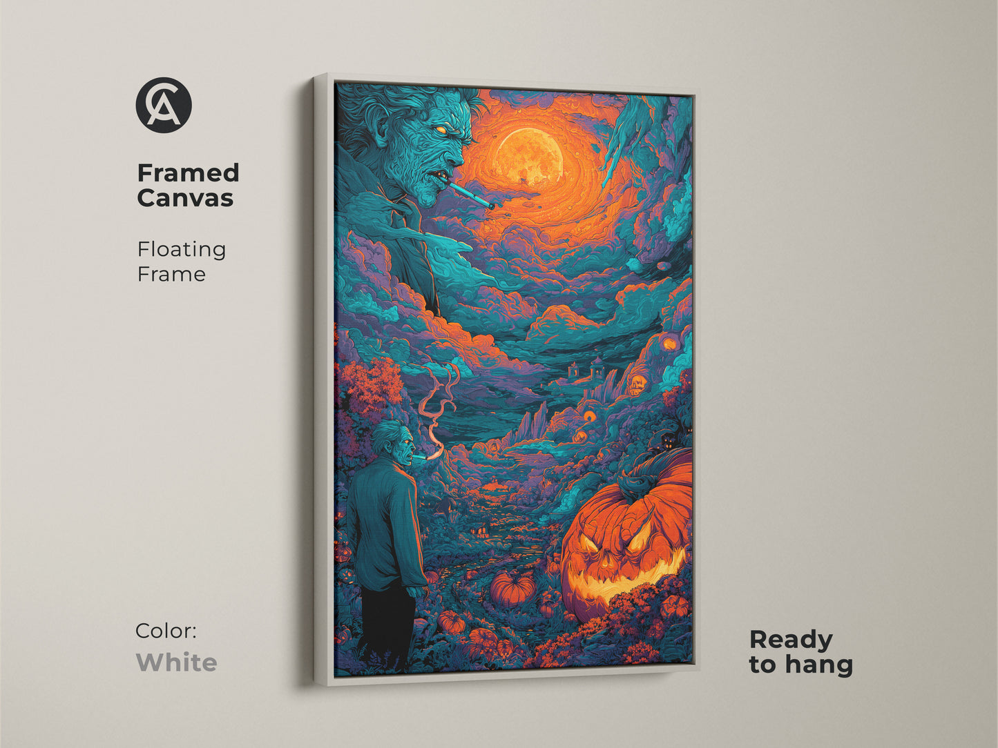 A framed canvas showcases Halloween artwork. It features a spooky zombie and a glowing jack-o-lantern under a bright moon. This floating frame is white. It is ready to hang. Elevate your decor with this eerie art.