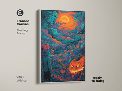 A framed canvas showcases Halloween artwork. It features a spooky zombie and a glowing jack-o-lantern under a bright moon. This floating frame is white. It is ready to hang. Elevate your decor with this eerie art.