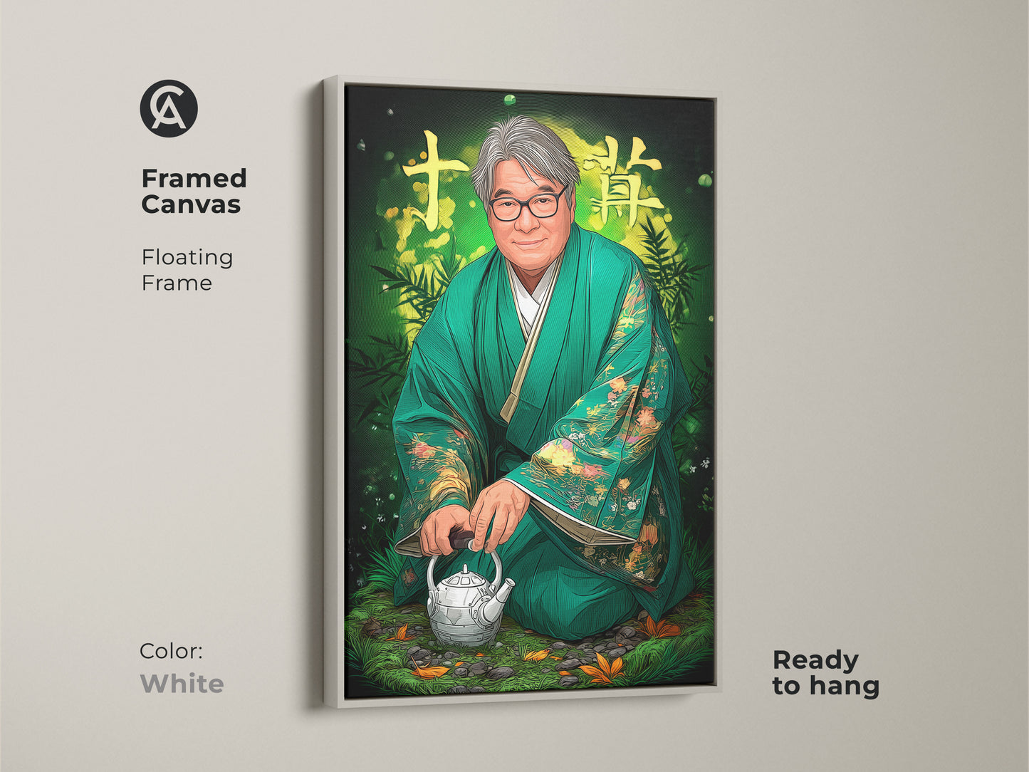 Framed canvas of a digital portrait wall art featuring a Japanese man in emerald green kimono. It's a ready to hang zen teapot canvas print with a floating white frame. The cultural Asian art print would be great eclectic home decor art.