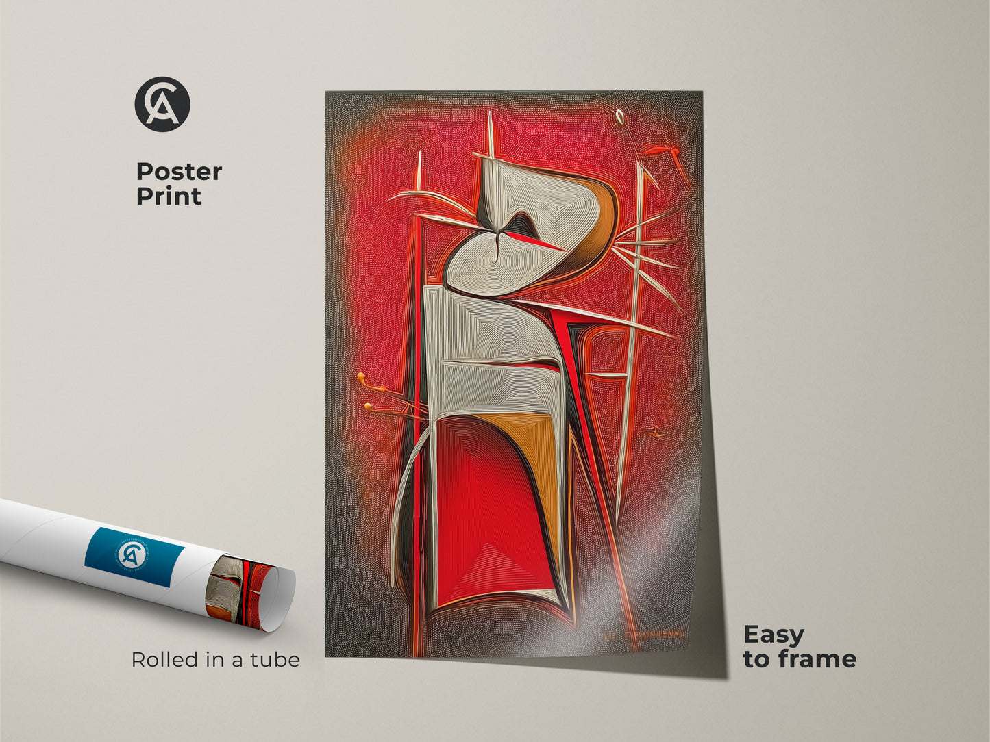 Poster print of a geometric abstract surreal figure. The art is rolled in a tube and easy to frame. This modern red grey and white artwork is ideal for study room decor.