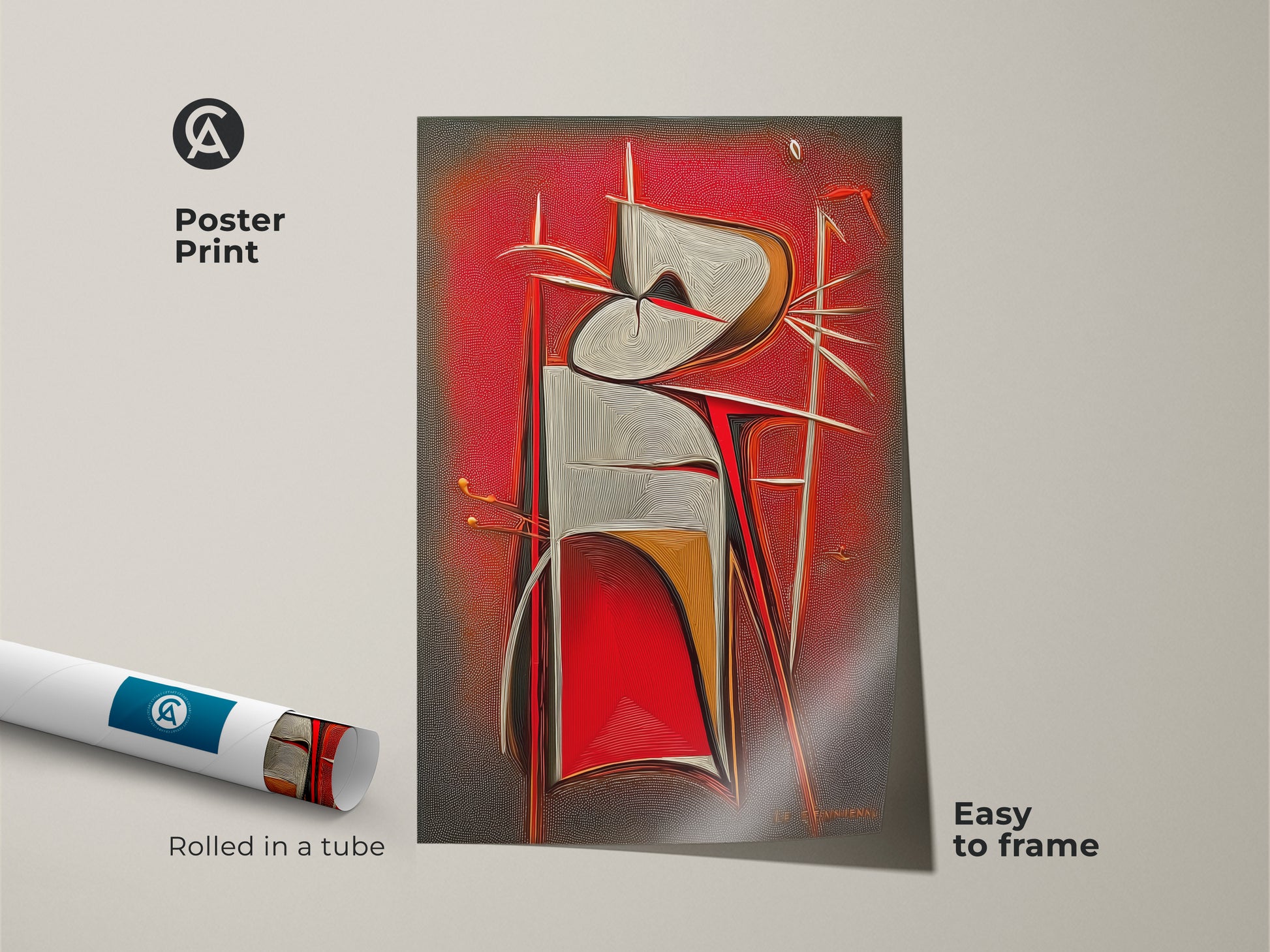 Poster print of a geometric abstract surreal figure. The art is rolled in a tube and easy to frame. This modern red grey and white artwork is ideal for study room decor.