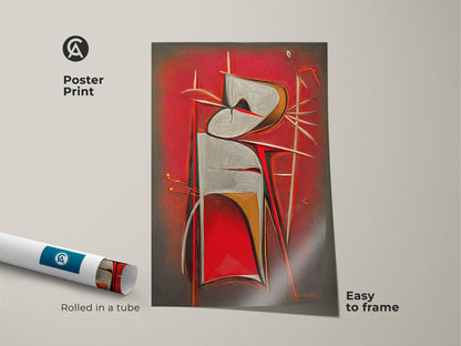 Poster print of a geometric abstract surreal figure. The art is rolled in a tube and easy to frame. This modern red grey and white artwork is ideal for study room decor.