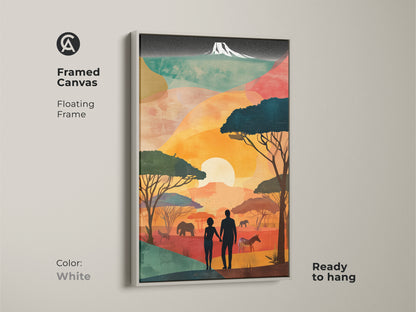 Framed in white this canvas print features a retro African landscape. The boho art displays a couple silhouette with savanna wildlife. Elephants zebras & trees add charm. It's ready to hang. Perfect for bringing a touch of adventure and romance to your living space.