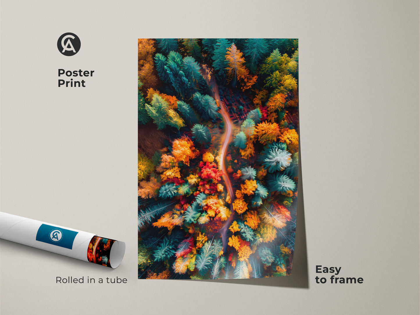 Poster print featuring an aerial view of an autumn forest. This vibrant artwork showcases the beauty of nature. The poster is rolled in a tube for easy framing. A perfect way to bring the outdoors in with beautiful landscape artwork.