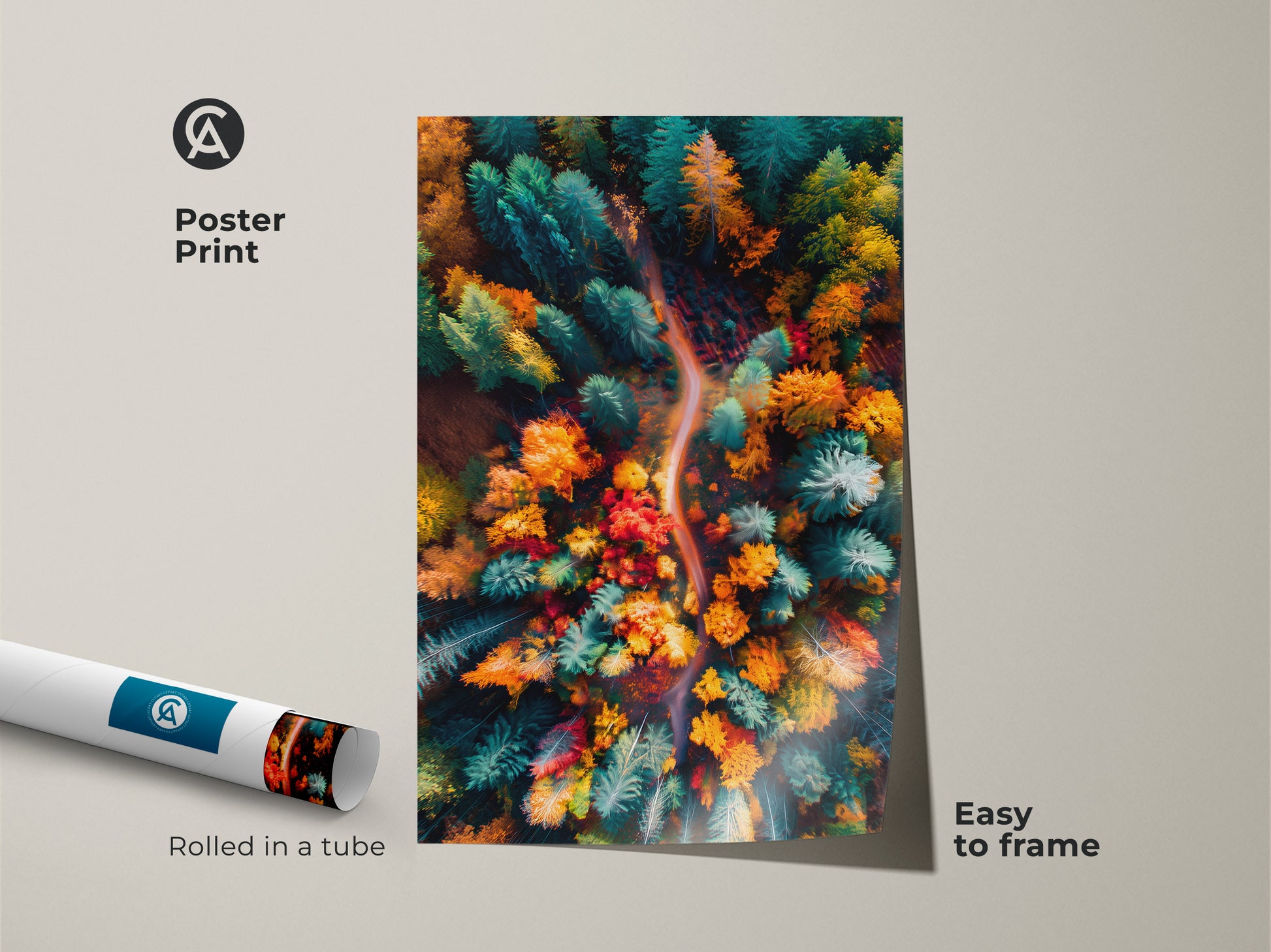 Poster print featuring an aerial view of an autumn forest. This vibrant artwork showcases the beauty of nature. The poster is rolled in a tube for easy framing. A perfect way to bring the outdoors in with beautiful landscape artwork.