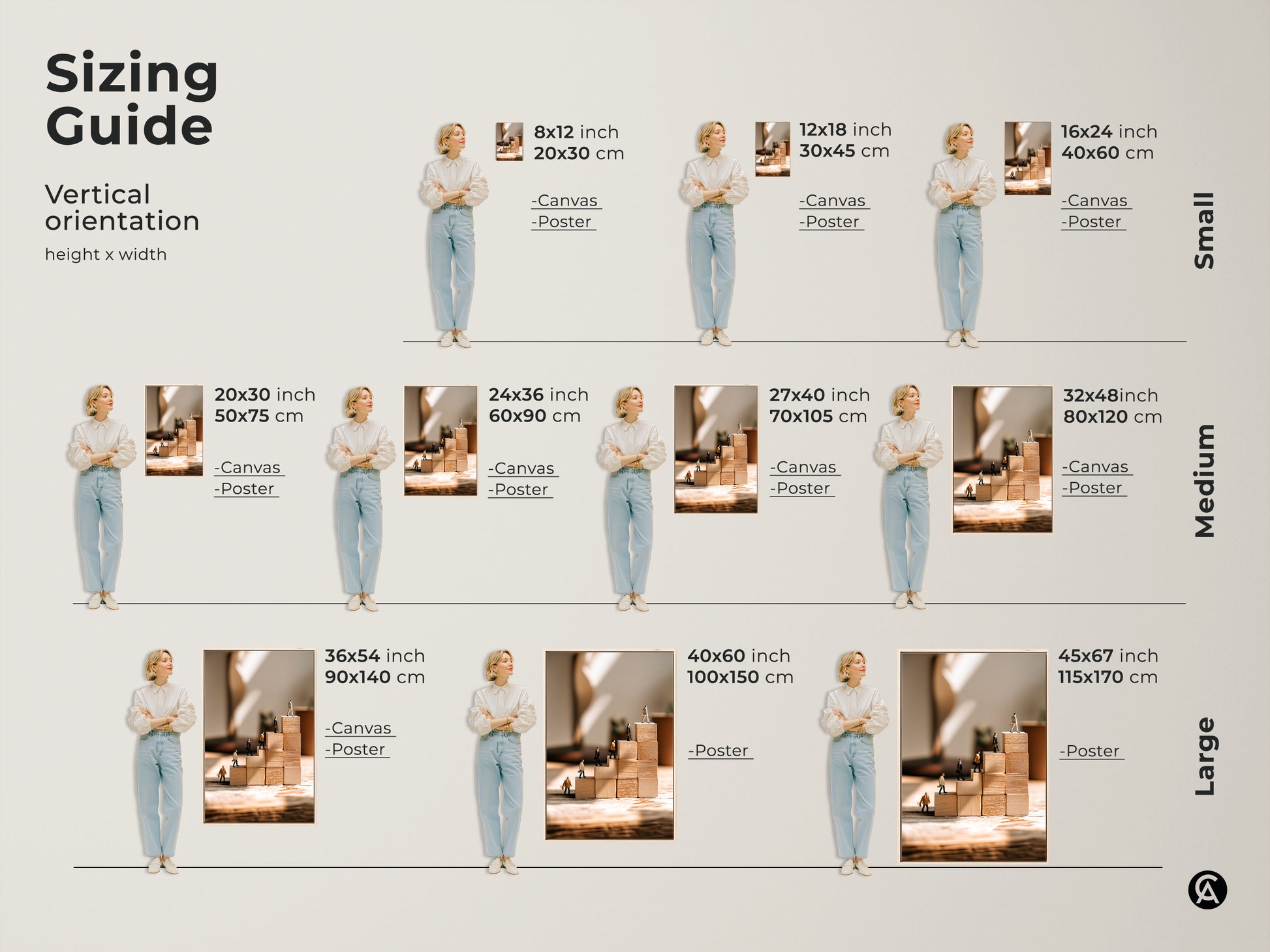 Sizing guide for motivational business artwork Vertical orientation options include canvas and poster prints Choose from small medium and large sizes The conceptual artwork features miniature people climbing wooden blocks on a beige tan minimalist background Perfect for inspiring success and career growth in any office or workplace setting