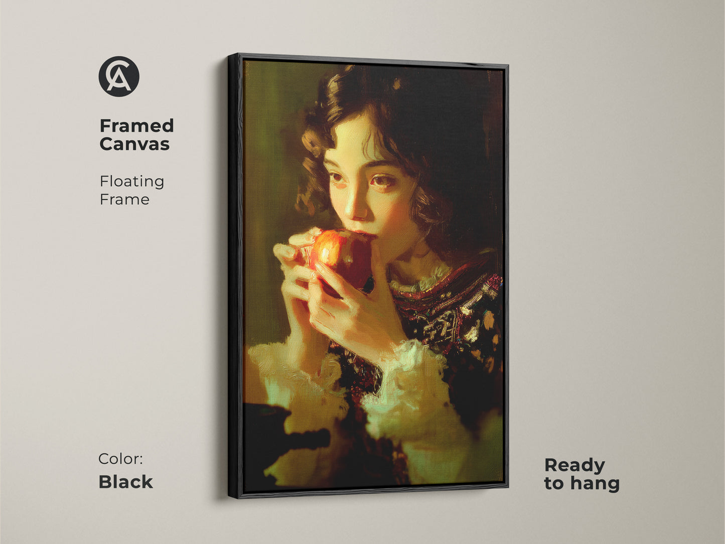 Framed canvas with a floating black frame showcasing a girl eating an apple. Classical realism wall art is ready to hang. Chiaroscuro art print in a traditional style. A vintage style kitchen art piece. The apple artwork enhances a classic dining room with realism.