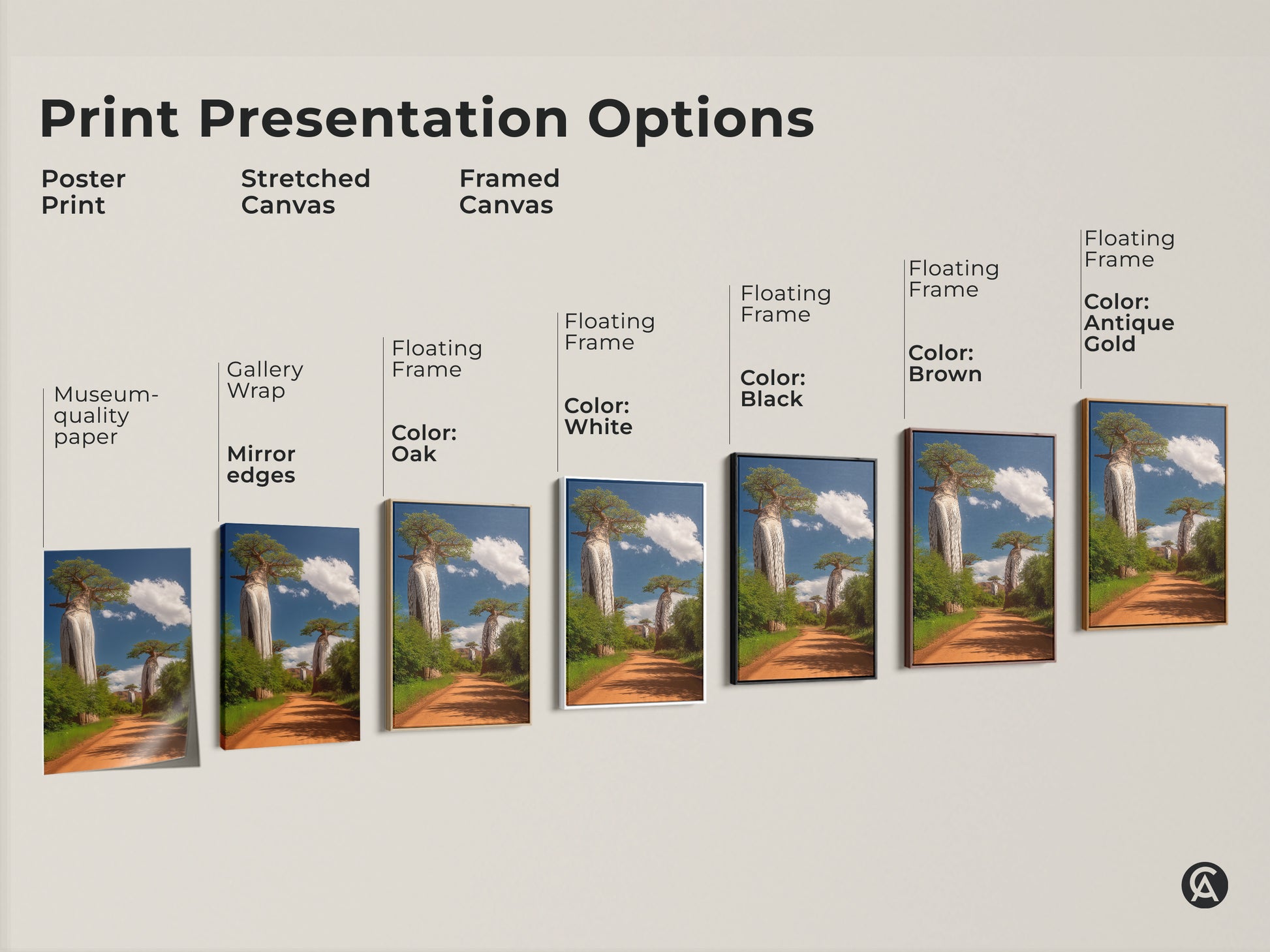 Print presentation options for African Baobab Tree art. See poster print stretched canvas and framed canvas options. Multiple floating frame colors are available. Museum quality paper is used.