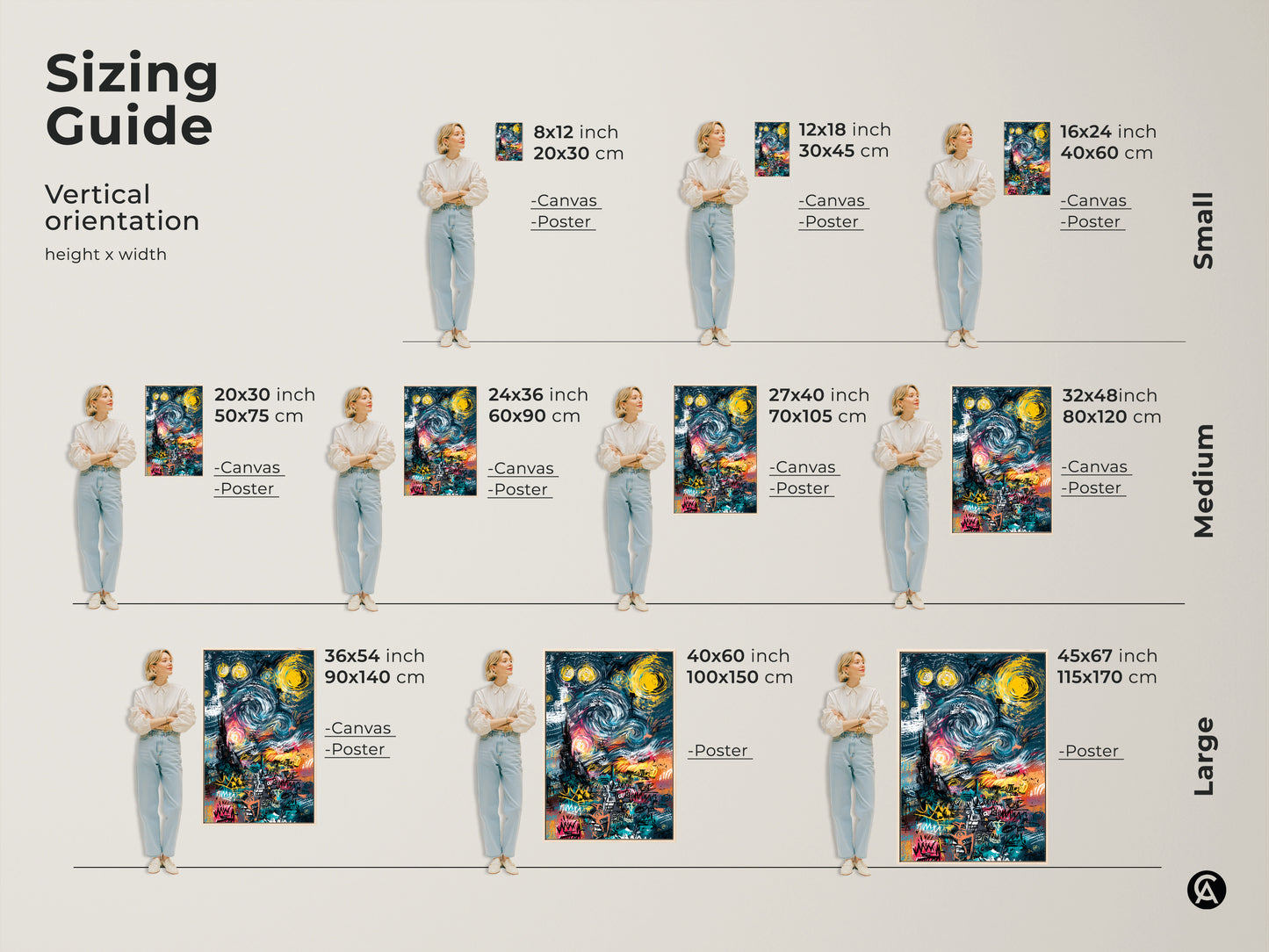 Sizing guide for Graffiti Style Starry Night Artwork. Vertical orientation height x width. Available in small medium and large sizes. Canvas and poster options available. Find the perfect size for your space.