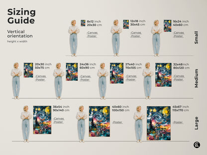 Sizing guide for Graffiti Style Starry Night Artwork. Vertical orientation height x width. Available in small medium and large sizes. Canvas and poster options available. Find the perfect size for your space.