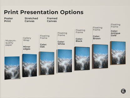 Explore print presentation options for a rustic winter mountain canvas. Choose from poster prints stretched canvas and framed canvas with various frame colors. Find the perfect snowy pine forest artwork to match your decor. Options include gallery wrap floating frame and museum quality paper for your blue gray nature wall art.