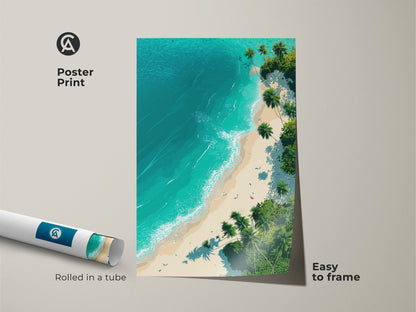 Poster print of a tropical beach landscape. This easy to frame beach art captures the essence of a tropical paradise. The turquoise sea and palm fringed shore bring a sense of calm. Ideal for creating a coastal atmosphere in any space.