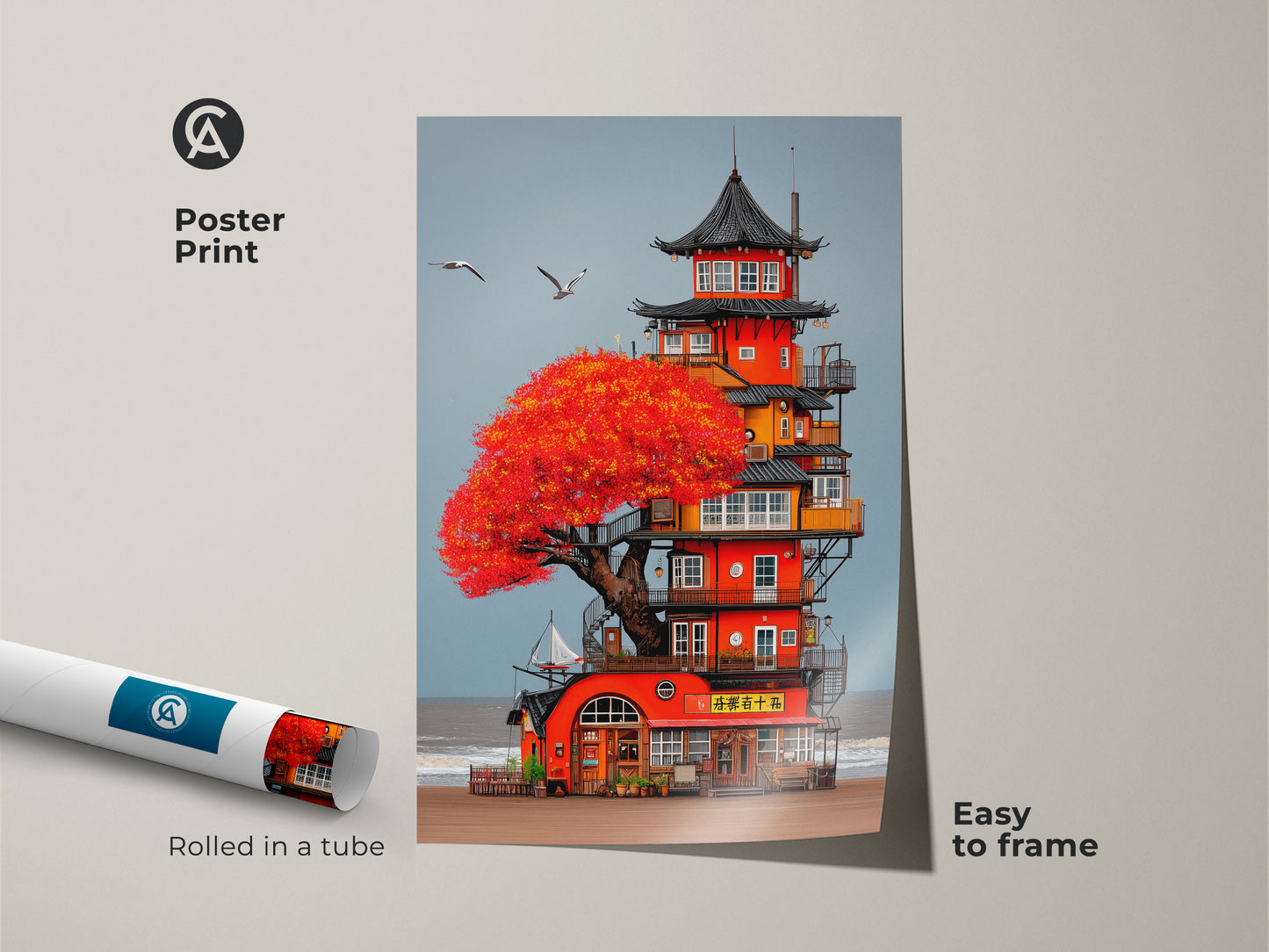 Framed black canvas art featuring a whimsical Japanese Pagoda coastal tower. The artwork shows a red tree seascape with boho beach home decor influences. Floating frame makes it ready to hang as fantasy travel gift.