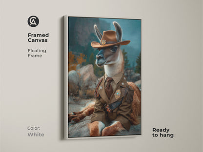 White framed canvas showcasing the Cowboy Llama art with a floating frame. This artwork features a surreal animal portrait that is ready to hang. It is a unique decor gift for animal enthusiasts.