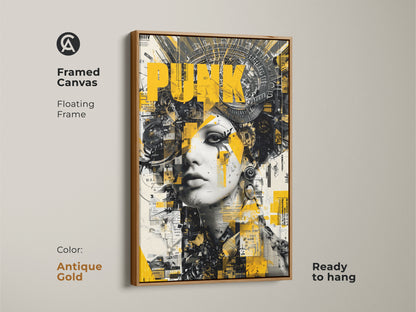 Framed canvas art of a woman with punk inspired headwear. The artwork has a floating frame and is ready to hang. The frame color is antique gold. The artwork features yellow black and white colors.