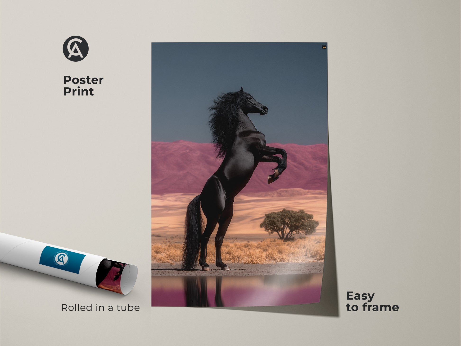 Poster Print of a Rearing Black Horse. This museum-quality paper print features a rearing stallion. The artwork showcases a surreal desert landscape with pink mountains. It is an easy-to-frame equestrian wall hanging and a unique home decor gift. This fine art horse painting adds a powerful animal artwork to your walls. Rolled in a tube for protection.