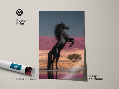 Poster Print of a Rearing Black Horse. This museum-quality paper print features a rearing stallion. The artwork showcases a surreal desert landscape with pink mountains. It is an easy-to-frame equestrian wall hanging and a unique home decor gift. This fine art horse painting adds a powerful animal artwork to your walls. Rolled in a tube for protection.