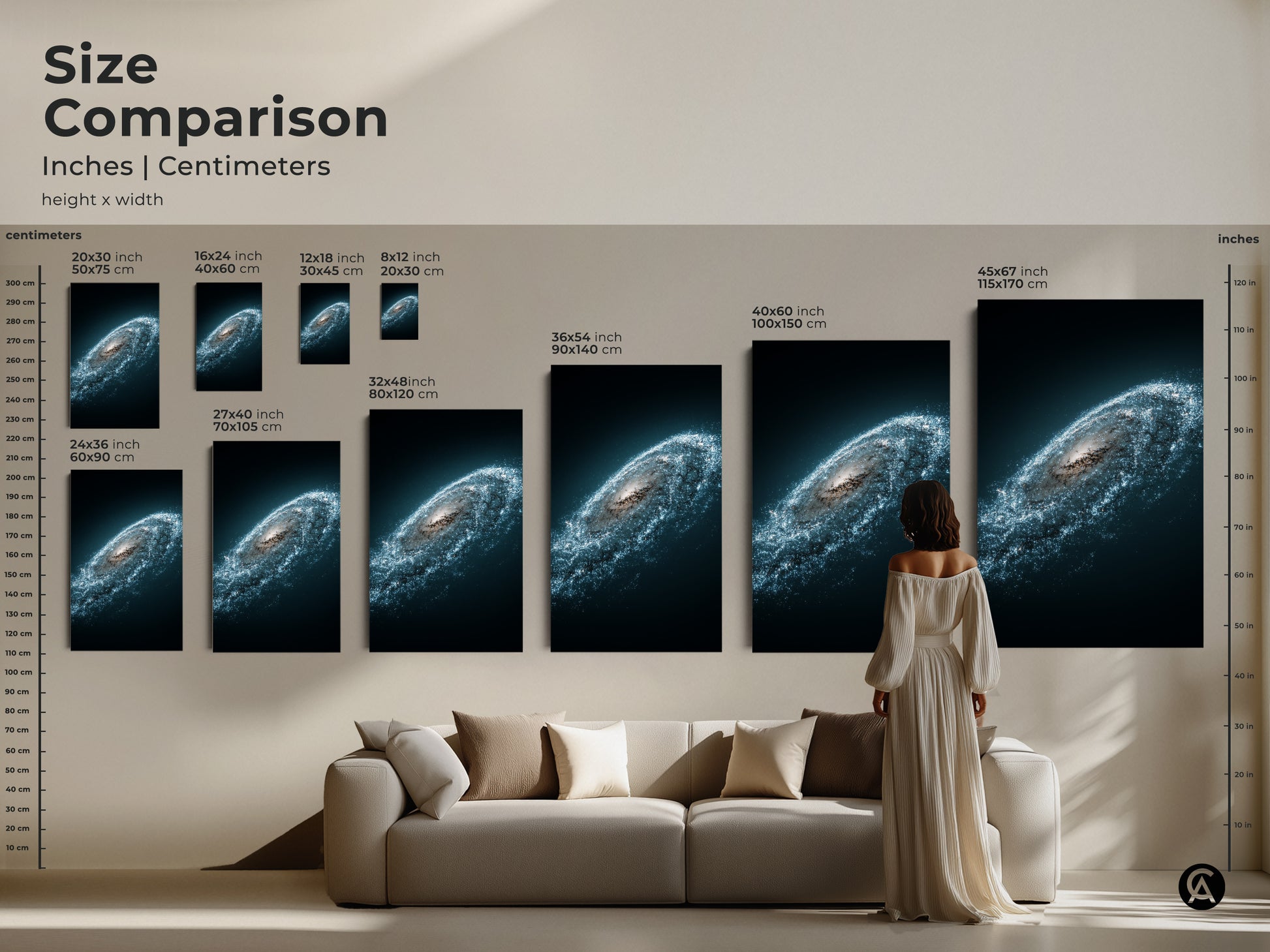 Size Comparison of Andromeda galaxy art in inches and centimeters. See how various sizes fit above a sofa. Deep space blue wall art is a cosmic statement. Starry white nebula print transforms your space.