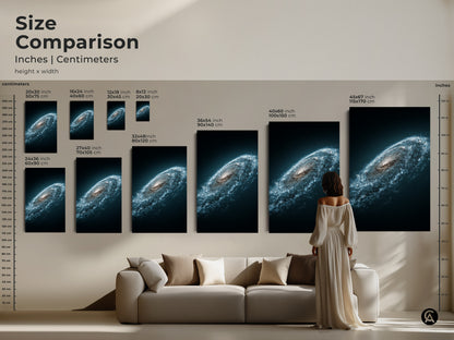Size Comparison of Andromeda galaxy art in inches and centimeters. See how various sizes fit above a sofa. Deep space blue wall art is a cosmic statement. Starry white nebula print transforms your space.