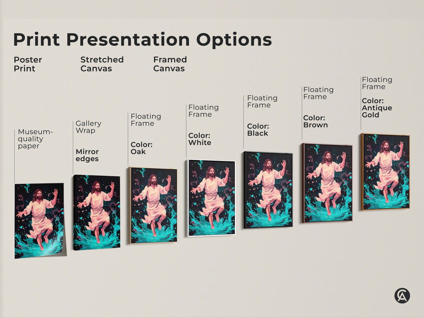 Print Presentation Options Poster Print Stretched Canvas and Framed Canvas. Abstract cosmic art spiritual wall decor and religious painting teal. Museum-quality paper Gallery Wrap Mirror edges and Floating Frame.