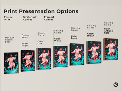 Print Presentation Options Poster Print Stretched Canvas and Framed Canvas. Abstract cosmic art spiritual wall decor and religious painting teal. Museum-quality paper Gallery Wrap Mirror edges and Floating Frame.