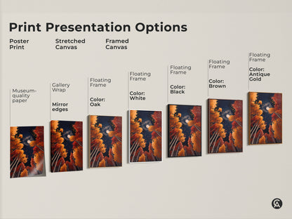 Explore print presentation options for 'Autumn Moon' artwork. Choose from poster prints stretched canvas and framed canvas. Each style highlights the vibrant fall trees and moonlit sky. Find the perfect format for your art. Transform your space with art.